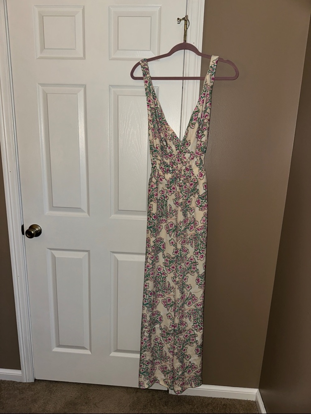 LOFT Cream Floral Jumpsuit with Pink & Green Print
